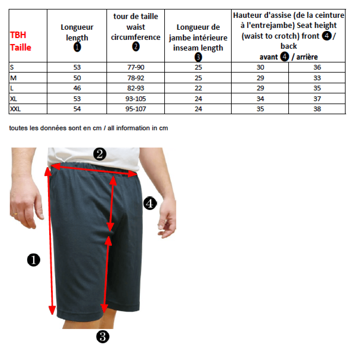 Guide des tailles du short anti-ondes en tissu black jersey - Yshield TBH